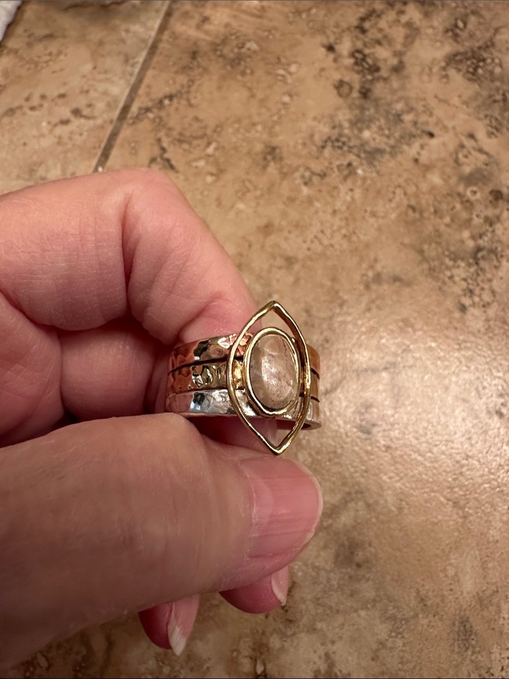 Gold and Silver Hammered Band Ring with Rose Quartz Center size 10